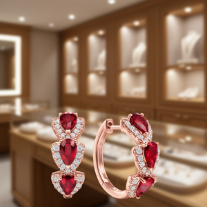 Boucles d'oreilles en or rose E3757 avec diamants taille poire rouges, bijoux de luxe pour femmes, pour mariage - Product Image 2
