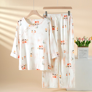 Pigiama da Donna in Fibra di Bambù Traspirante Stile Tradizionale Cinese Primavera/Estate Sottile Leggero a Maniche Lunghe con Collo Intero - Product Image 6