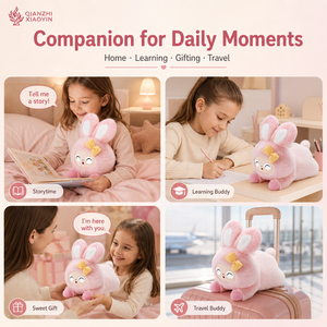 Grande Peluche Lapin Rose IA 36cm, Position Allongée, Visage <span class=keywords><strong>de</strong></span> Poupée ABS, Nœud Doré, Fonction <span class=keywords><strong>de</strong></span> Clonage Vocal 80+ Langues, Mémoire Longue Durée, Puce TUYA T5 - Product Image 3