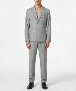 Nuovo Arrivo: Completo da Uomo per Affari, Grigio Chiaro a Quadretti, Risvolto Classico, Due Bottoni, Tasche con Patta, Pantaloni a Vita Piatta - Product Image 4