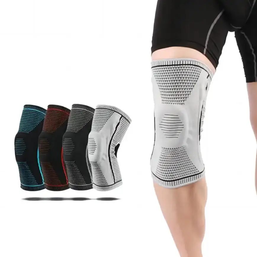 गर्म बिक्री सिलिकॉन घुटने पैड 3 डी बुना हुआ नायलॉन सांस लेने वाली महिला पुरुष संपीड़न बास्केटबॉल खेल घुटने का ब्रेस चल रहा है