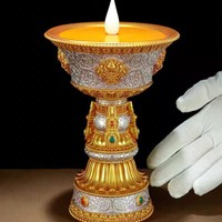 Lámpara de Resina Electrónica con Soporte para Vela, LED, Recargable, para Uso Doméstico, Lámpara Budista para Altar, con Ocho Símbolos Auspiciosos