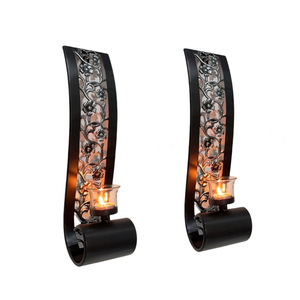 Ensemble de porte-bougies muraux en fer noir et argent, design floral, décoration d'intérieur, ambiance de Noël - Product Image 1