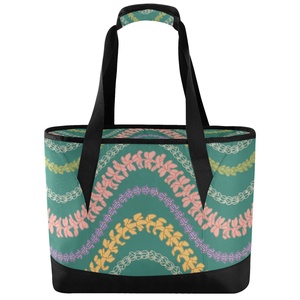 Sac isotherme de courses et de pique-nique à fermeture éclair, imprimé personnalisé motif fleurs de lei hawaïennes, avec bandoulières, capacité 36 canettes - Product Image 1