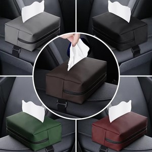 Caja de pañuelos para coche, soporte de cuero para consola central de coche, reposabrazos, caja de servilletas, visera, asiento trasero, caja de pañuelos con correa fija, fácil de instalar - Product Image 1