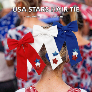 Fabric Linen Sequin Hair <b>Tie</b> Sparkly Stars Bow Red White Blue USA Theme 4th July National Day Holiday Accessory 4.5inch Clip - Product Image 2