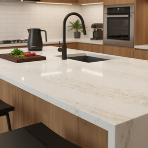 Oem sang trọng calacatta màu be vàng tĩnh mạch thạch anh Countertop Faux phiến đá cẩm thạch thân thiện với môi khách sạn hiện đại nhà bếp đảo Vanity đầu - Product Image 4
