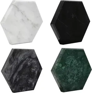 6 Pcs Hexagon White Marble Coaster Set with Holder Cute Table Coasters Gift Cup Stone Modern Coasters