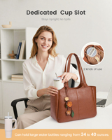 Sac de travail LOVEVOOK en cuir vegan PU 15,6 pouces avec porte-gobelet 40 oz, sac à bandoulière pour infirmière, enseignante, sac fourre-tout imperméable pour femmes