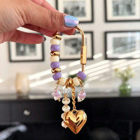 Porte-clés breloque de sac fait main en perles pastel, pendentif cœur doré, perle de cristal étoile, pour femme, décoration de sac à main, cadeau