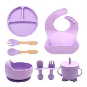 Ensemble de 8 pièces de vaisselle divisée pour bébé en silicone de qualité alimentaire, respectueux de l'environnement, avec assiette à ventouse imprimée en sérigraphie - Product Image 3