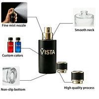 Flacon de parfum miniature de luxe personnalisé en verre noir, imprimé à l'écran, avec pompe estampée or métallique, option logo personnalisé, 30 ml, marque VISTA
