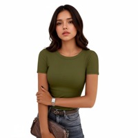 Nouveau T-shirt côtelé en polyester extensible à manches courtes et col rond pour femme, style européen et américain, couleur unie, simple, collection été