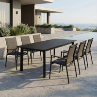 Table de salle à manger moderne en alliage d'aluminium robuste, extensible, à feuilles papillon, auto-rétractable, durable et résistante aux intempéries pour hôtel, école, villa