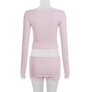 طقم نسائي من قطعتين بتصميم Y2K: بلوزة ملونة بتطريز دانتيل وفيونكة مع تنورة ضيقة وشورت، ملابس كاجوال للشارع - Product Image 5