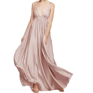 Элегантное платье с глубоким вырезом и эластичным поясом цвета шампанского, один размер, атласное платье для подружки невесты