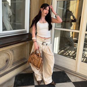 กางเกงขายาวทรงหลวมเอวต่ำสไตล์ยุโรปอเมริกันสำหรับผู้หญิง สีพื้น มีเชือกผูก แต่งระบาย ขากว้าง สวมใส่สบาย - Product Image 4