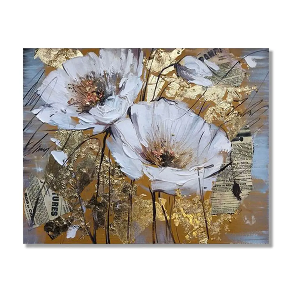 Maat Handgemaakte Gouden Folie Uitgerekt Canvas Olie Bloemen Schilderijen