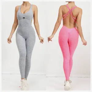 Mulheres compressão suave Elastic Quick Dry leve ajustável Sexy Yoga Jumpsuit One-pieces Workout mangas Bodysuit calças