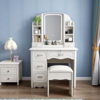 Table de toilette professionnelle neuve et exquise, d'inspiration vintage, avec miroir éclairé par LED et plusieurs tiroirs de rangement