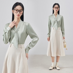 Women's Satin V-Neck Long Sleeve Shirt With <b>Tie</b> Front Office Blouse Solid Color Professional Top For Work Spring Autumn - Product Image 1