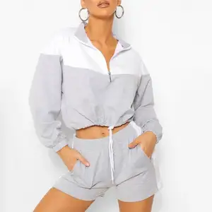 Factory Custom Color Block Zip Cropped Sweatshirt Hoodies Sets Women Short Sets Summer 2 Piece Women's Sweat Sets