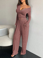 Pakaian Santai Wanita 2 Potong Atasan Crop Henley V-Neck Kancing Lengan Panjang Celana Panjang Pinggang Tinggi Tali Serut dengan Saku