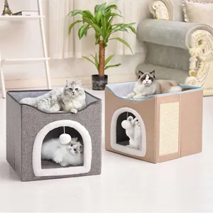 Cat Beds Indoor Large Cave For Pet Cat House With Ball Hanging And Scratch Pad Linen Bunk Cat Nest Bed Cama Gato Lit Pour Chat