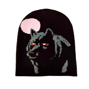 Autumn Leader Knit Custom Y2K Beanie Grey <span class=keywords><strong>Kaboo</strong></span> Wolf Head Diseño personalizado Sin puños Patrón de pliegue Jacquard Cuffless Bonnet King - Product Image 4