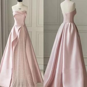 Zarif pembe saten tül katmanlı off-omuz abiye yarık pileli kolsuz resmi elbisesi Quinceanera önlük - Product Image 1