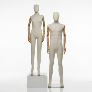 Ensemble de mannequins articulés en bois avec bras en lin, corps entier homme/femme, avec base métallique pour vitrine de magasin - Product Image 1