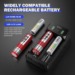 EBL Smart NIMH Aaaa Aa Aaa Portable Battery Charger For Rechargeable 3.7V 3.6V Li-ion Batteries 26650 18650 21700 14500 16340