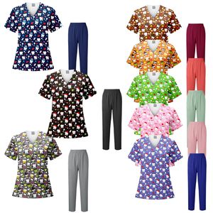 Dental Scrub Suit Set Women V-Neck Short Sleeve Moisture Wicking Knitted Split Uniform Hospital Uniforms - Product Image 1