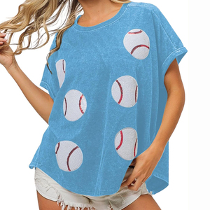 Của phụ nữ tùy chỉnh sequin vá T-Shirt lấp lánh sequin rửa sạch với in bóng chày các bản vá lỗi ngắn tay áo mùa hè hàng đầu - Product Image 2