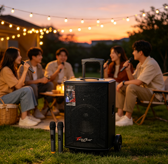 15-inch 350W Rechargeable Plastic PA Trolley Speaker with Stereo/Surround Sound and 2 Wireless Mics for Stage Events & Karaoke