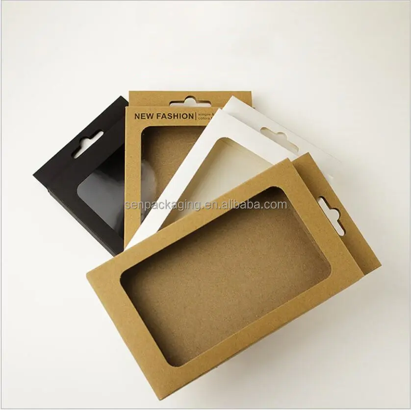 電話ケース包装ボックスクラフト紙ブラックウィンドウパッケージ段ボール箱ハングホール付きホワイトギフトボックス