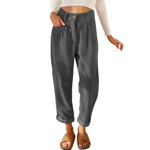 Otoño nuevas mujeres Casual pantalones sueltos Botón de moda coreano de cintura alta de pana pantalones de pierna recta tamaño XL característica antiestática - Product Image 3