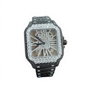 Reloj de pulsera para hombre, cuadrado, de acero inoxidable, con esfera de cristal de moissanita, negro, estilo lujoso, personalizado, con movimiento automático y cierre de brazalete - Product Image 1
