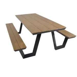 Meja piknik panjang komersial kayu plastik daur ulang luar ruangan meja kafe makan restoran furnitur teras luar ruangan dengan bangku