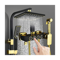 Ensemble de douche thermostatique moderne de luxe noir et or en acier inoxydable, avec barre coulissante, à commande unique et fonction pluie, style touches de piano