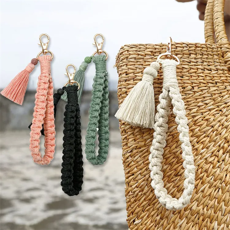 Boho Style Macrame Rope Braided Keychain with Lobster Claw Wristlet Lanyard Key Fob Strap for Women Macrame Accessory