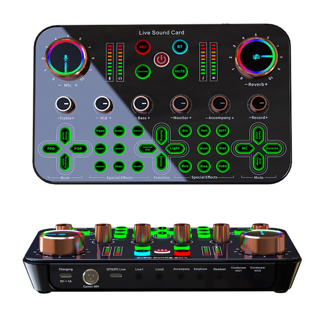 Sound Card Live Streaming K600 Audio Mixer Voice Changer 2 Channels Live Streaming Support with 48V Phantom Power Podcast Device