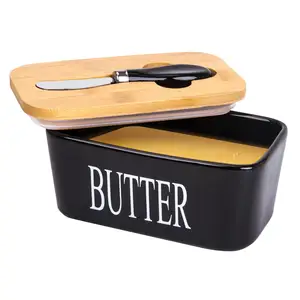 带盖子的黄油盘陶瓷黄油保管员容器，带刀和高品质