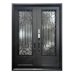 Smart Lock Vintage Antique Design Water Glass Main Cast Exterior Front Entry Wrought Iron Entry Door Modern Design