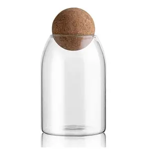 800ML/27Oz Clear Glass Storage Cute Canister Holder Ball Wood Cork Top Modern Decorative Cylinder Container Jar with Round Lid