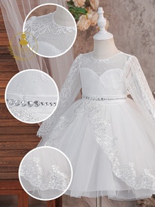 Robe de princesse en satin à manches longues et dentelle florale blanche, col rond, pour les fêtes d'anniversaire, robes de fête pour enfants, pour mariage, pour bébé fille - Product Image 2