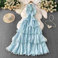 J67 Robe longue tendance d'été pour femme, sans manches, col halter en V, superposée, style gâteau, pour soirée, coupe trapèze, maxi