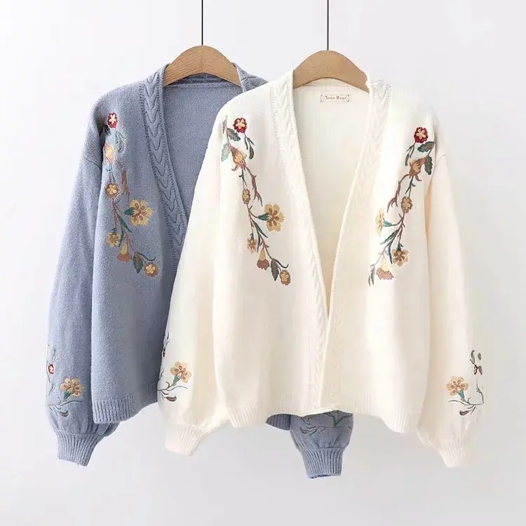 Cotton women's autumn and winter casual embroidery girl's sweater long sleeve knitted coat