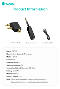 Adaptateur audio sans fil BT COTECi 3,5 mm Jack Aux pour voyage en avion, <span class=keywords><strong>émetteur</strong></span>-<span class=keywords><strong>récepteur</strong></span> BT pour avion, transmetteur-<span class=keywords><strong>récepteur</strong></span> BT pour casque, voiture - Product Image 6