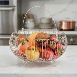 <b>Round</b> Metal Fruit <b>Basket</b> Wire Kitchen <b>Storage</b> Stand Type Minimalist Design Durable Single Tier - Product Image 1